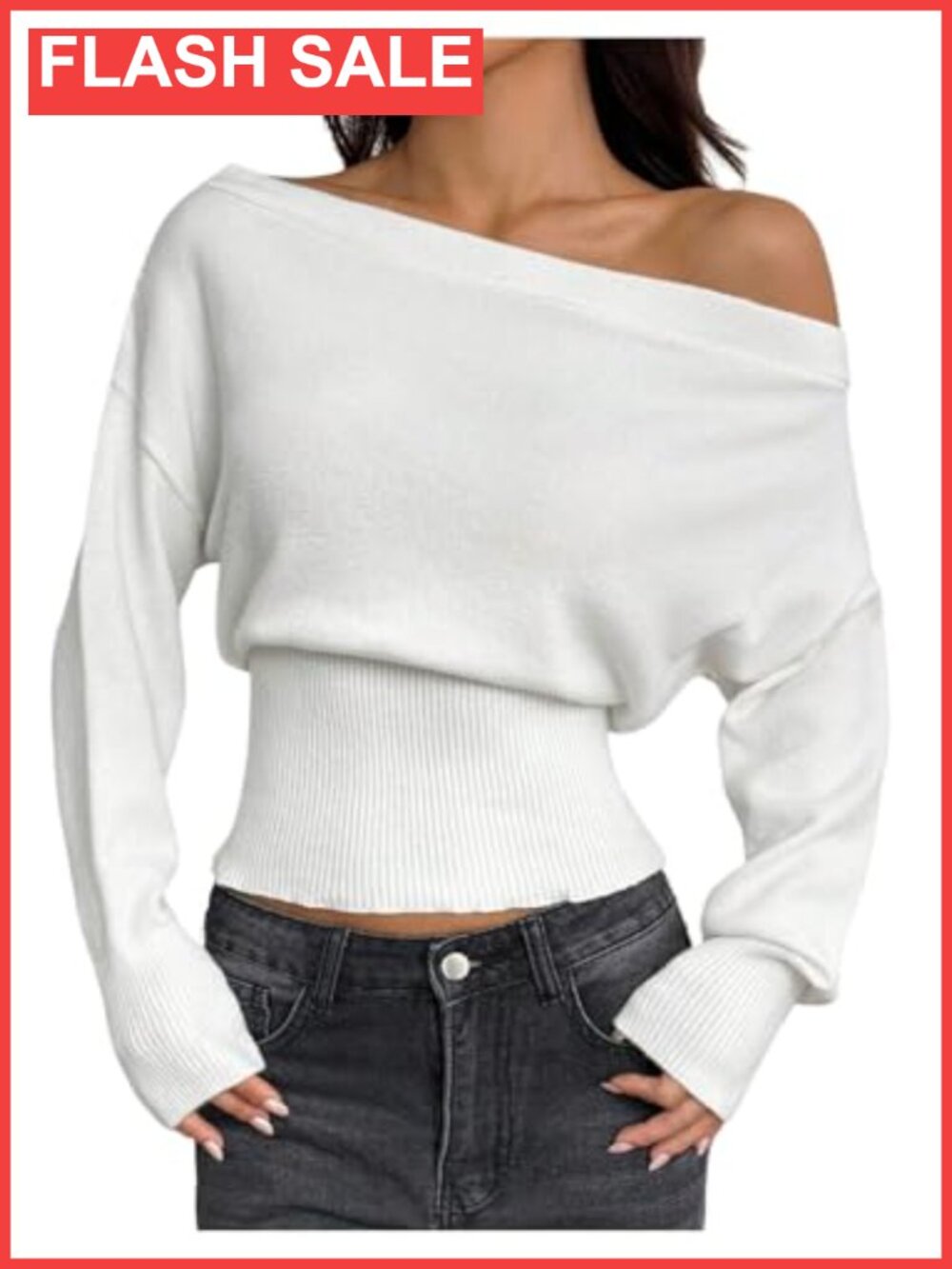 Off Shoulder Cinched Waist Knit Sweater Pullover Lightweight